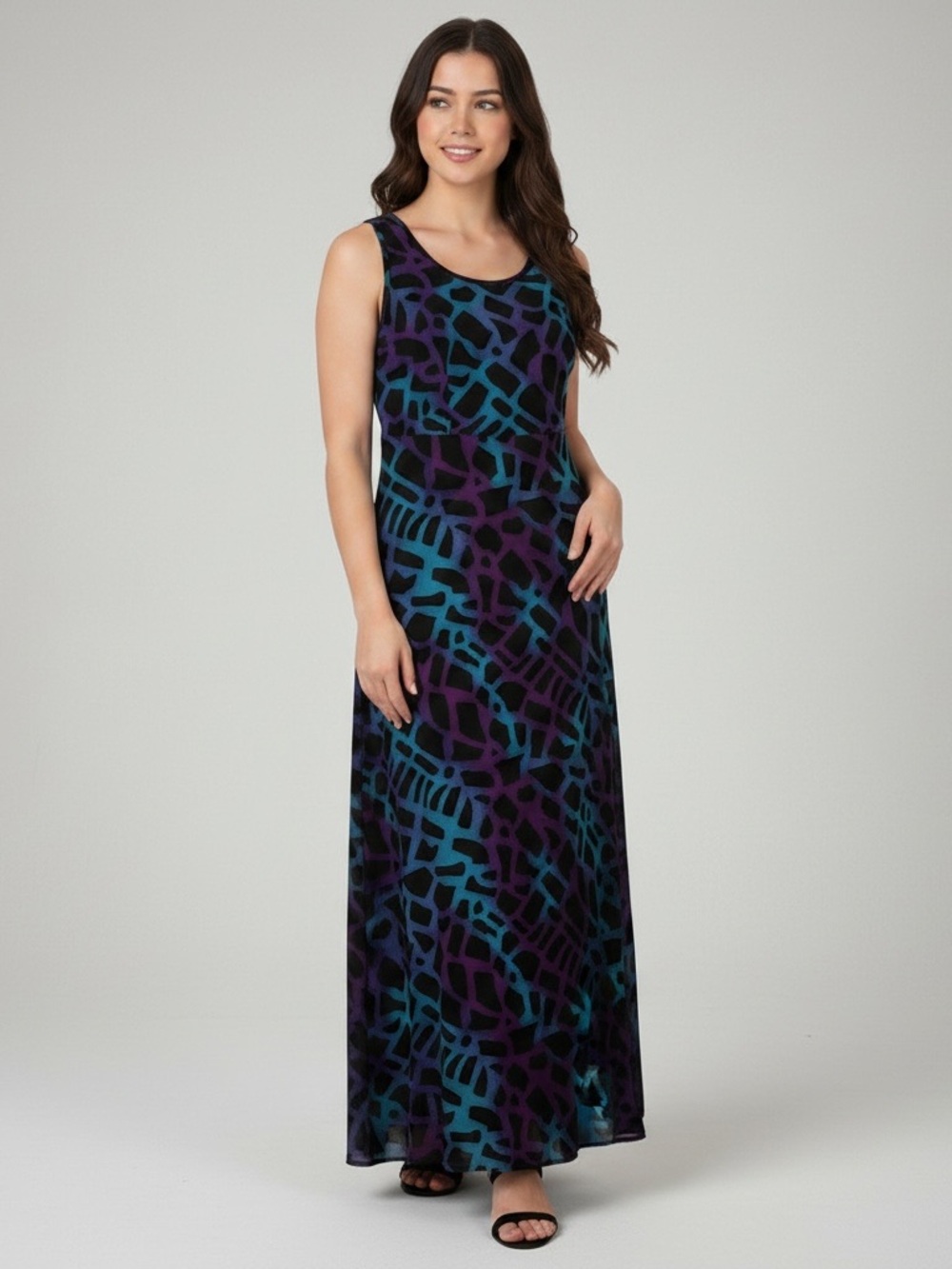 Starry Nites Sleeveless Maxi Dress Black, Purple & Teal Abstract Print Size 10